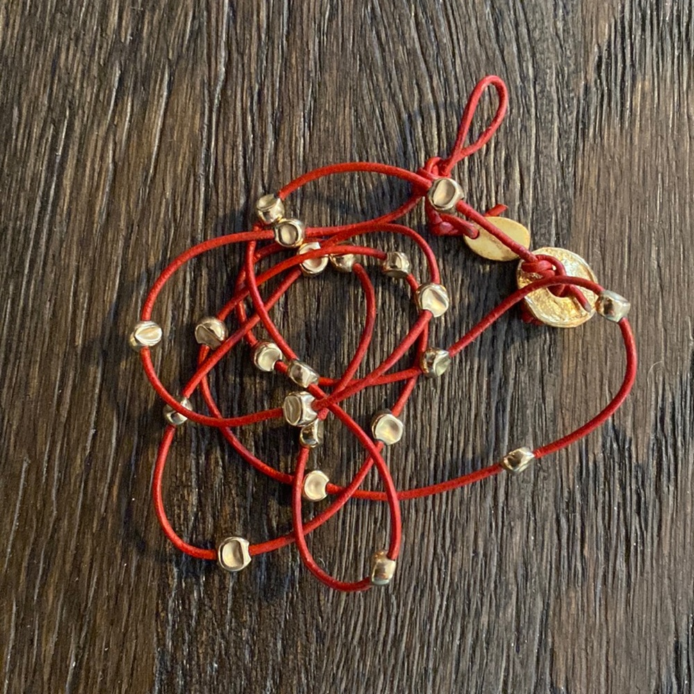 Elma Blint Red Leather Cord and Gold Bead Wrap Bracelet